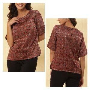 Fabindia Women Size M Red Viscose Blend Ajrakh Printed Top Short Sleeve NWT